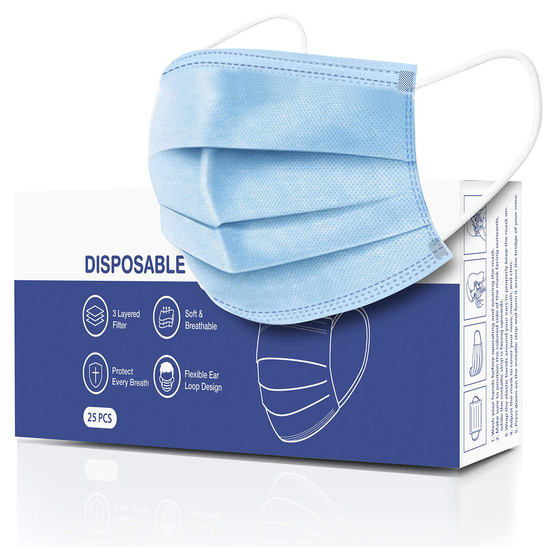 Disposable Face Mask Dust Particle 3-Layer Design Mask with Earloops - 25 Pack