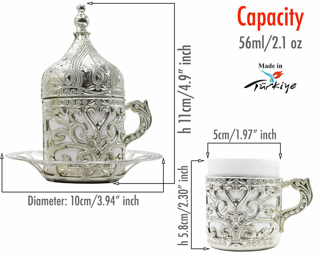 Kuchengerate 2pcs Turkish Greek Arabic Moroccan Coffee Cups - Espresso Cup with Inner Porcelain Metal Holder Plate and Lid - 2 Cups Consists of 8 Pcs (Z-Silver)