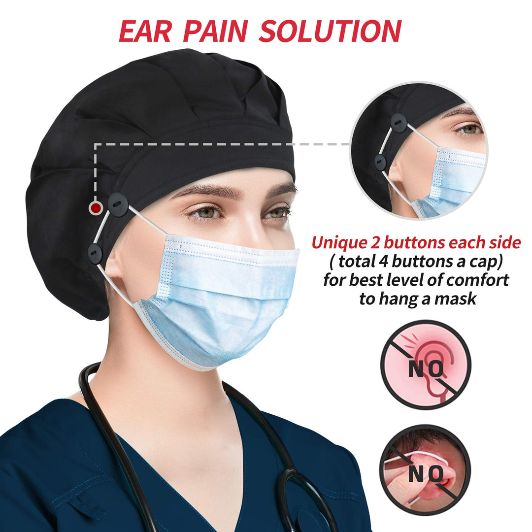 Bouffant Caps with Button and Sweatband, Adjustable Scrub Caps for Women Men, One Size Fits All