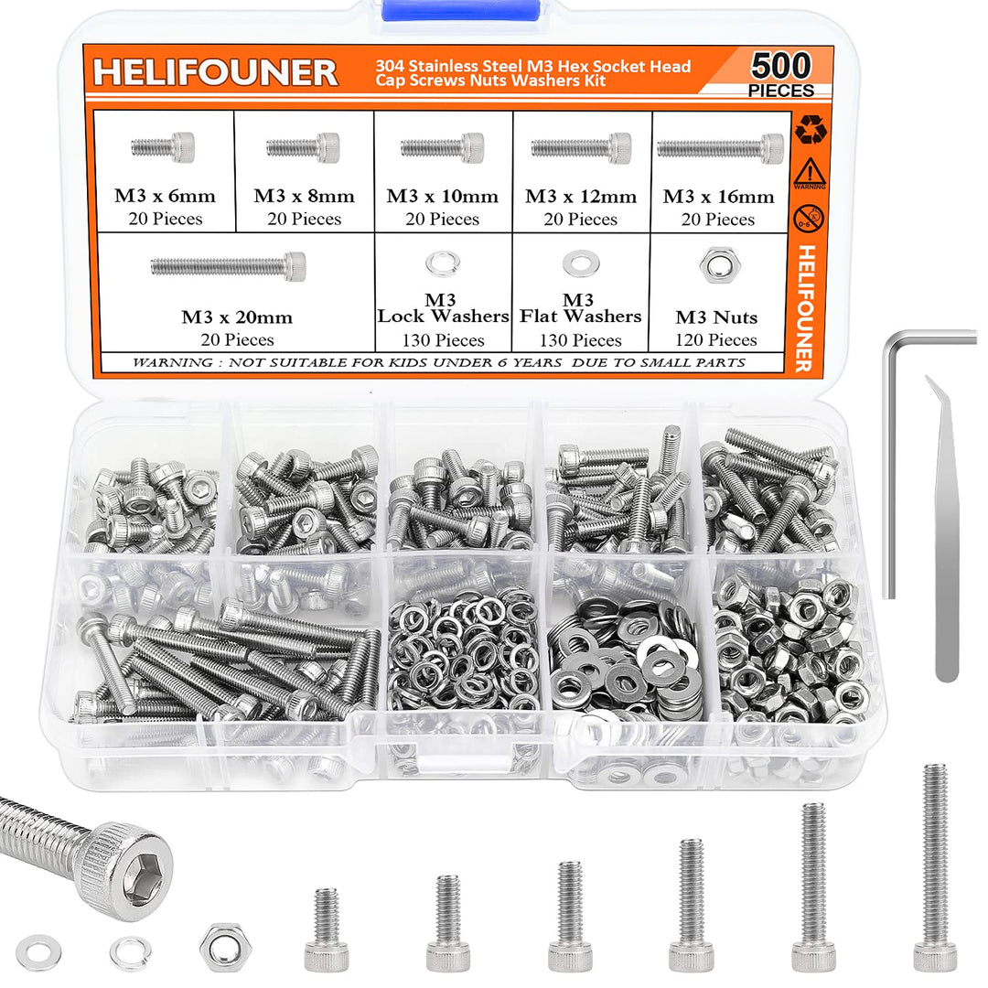 500 Pieces M3 x 6mm /8mm /10mm /12mm /16mm /20mm, Hex Socket Head Cap Metric Screws Bolts Washers Nuts Kit, 304 Stainless Steel