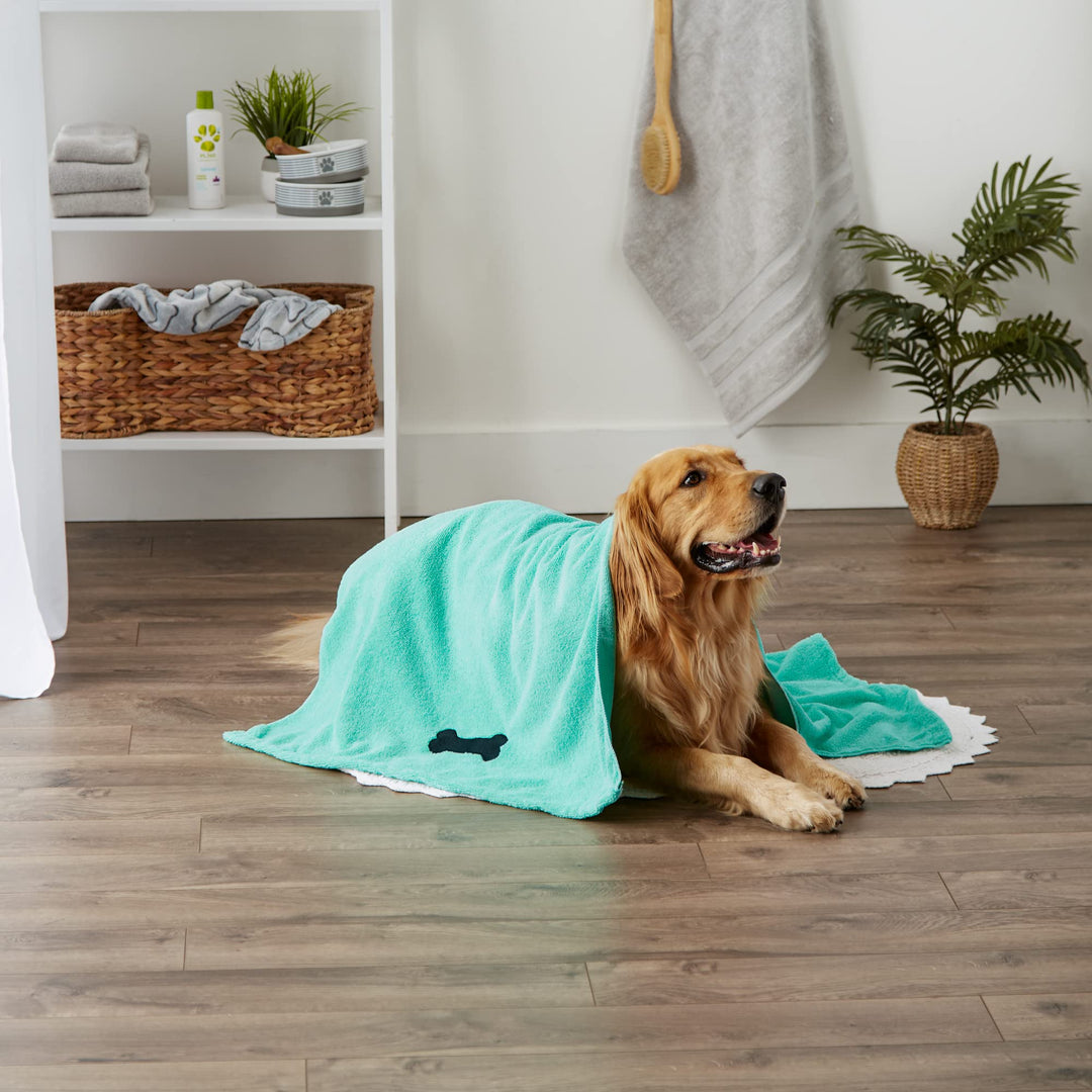 Pet Grooming Towel Collection Absorbent Microfiber X-Large, 41x23.5, Embroidered Green