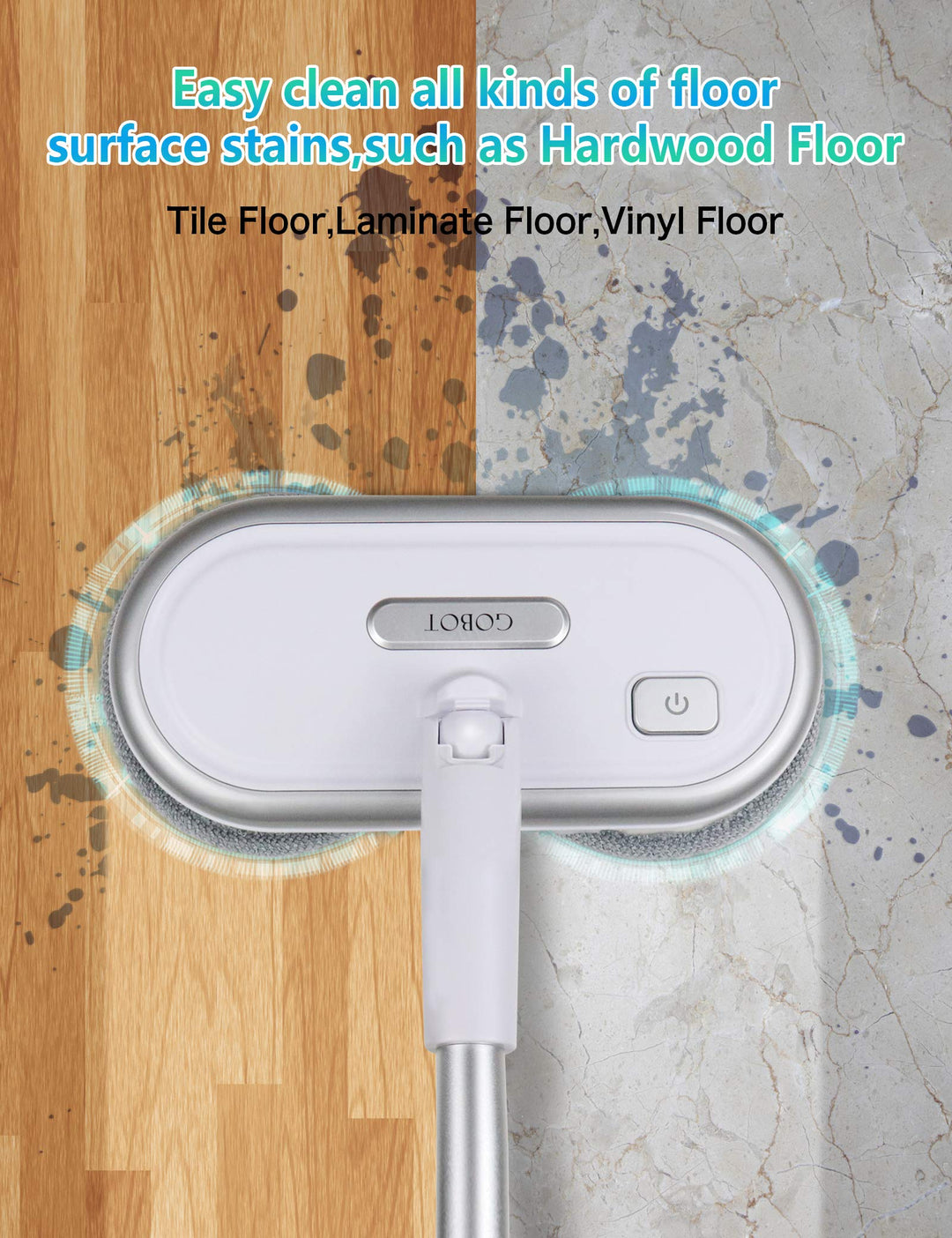 GOBOT Electric Mop with Motorized Dual Spinning Mopheads, Lightweight & Rechargeable,4 Microfiber Pads & 2 Floor Scrubber Pads, for Hardwood Floor/Bathroom/Tile Floor Cleaning, Sliver