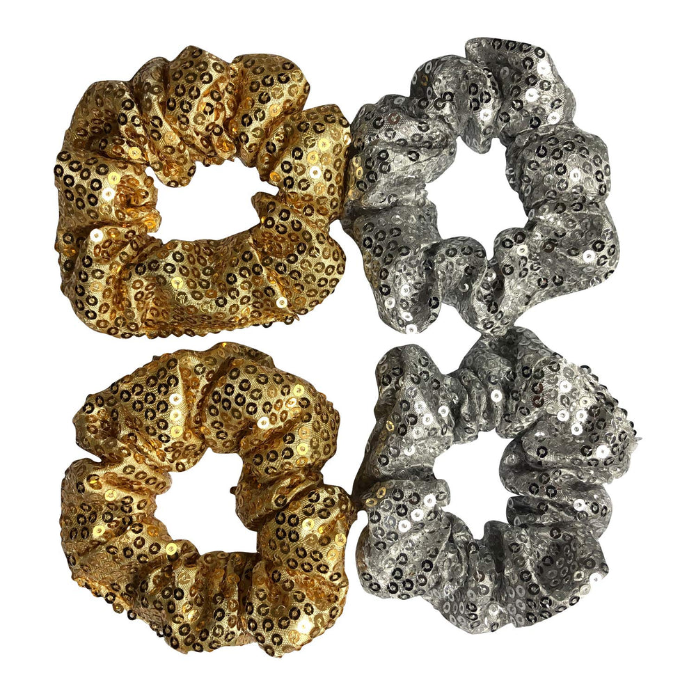 4 Pack Gold and Silver Metallic Sequin Elastic Hair Scrunchies Mermaid Bobbles Hair Ties Hair Rope Wrist Scrunchy Hair Bands for Show Party School Women Girls