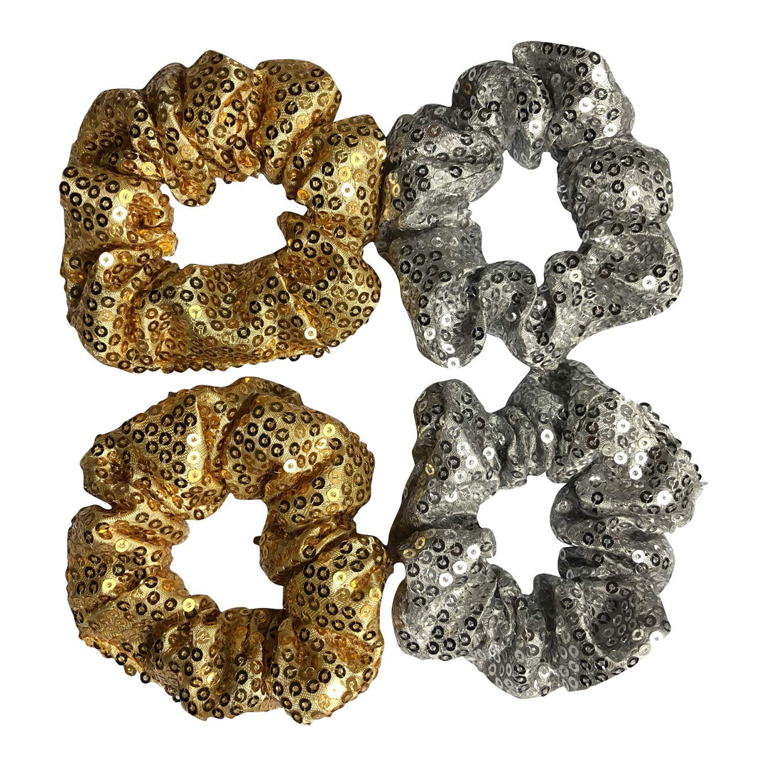 4 Pack Gold and Silver Metallic Sequin Elastic Hair Scrunchies Mermaid Bobbles Hair Ties Hair Rope Wrist Scrunchy Hair Bands for Show Party School Women Girls