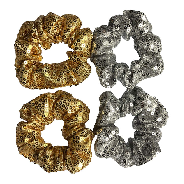 4 Pack Gold and Silver Metallic Sequin Elastic Hair Scrunchies Mermaid Bobbles Hair Ties Hair Rope Wrist Scrunchy Hair Bands for Show Party School Women Girls