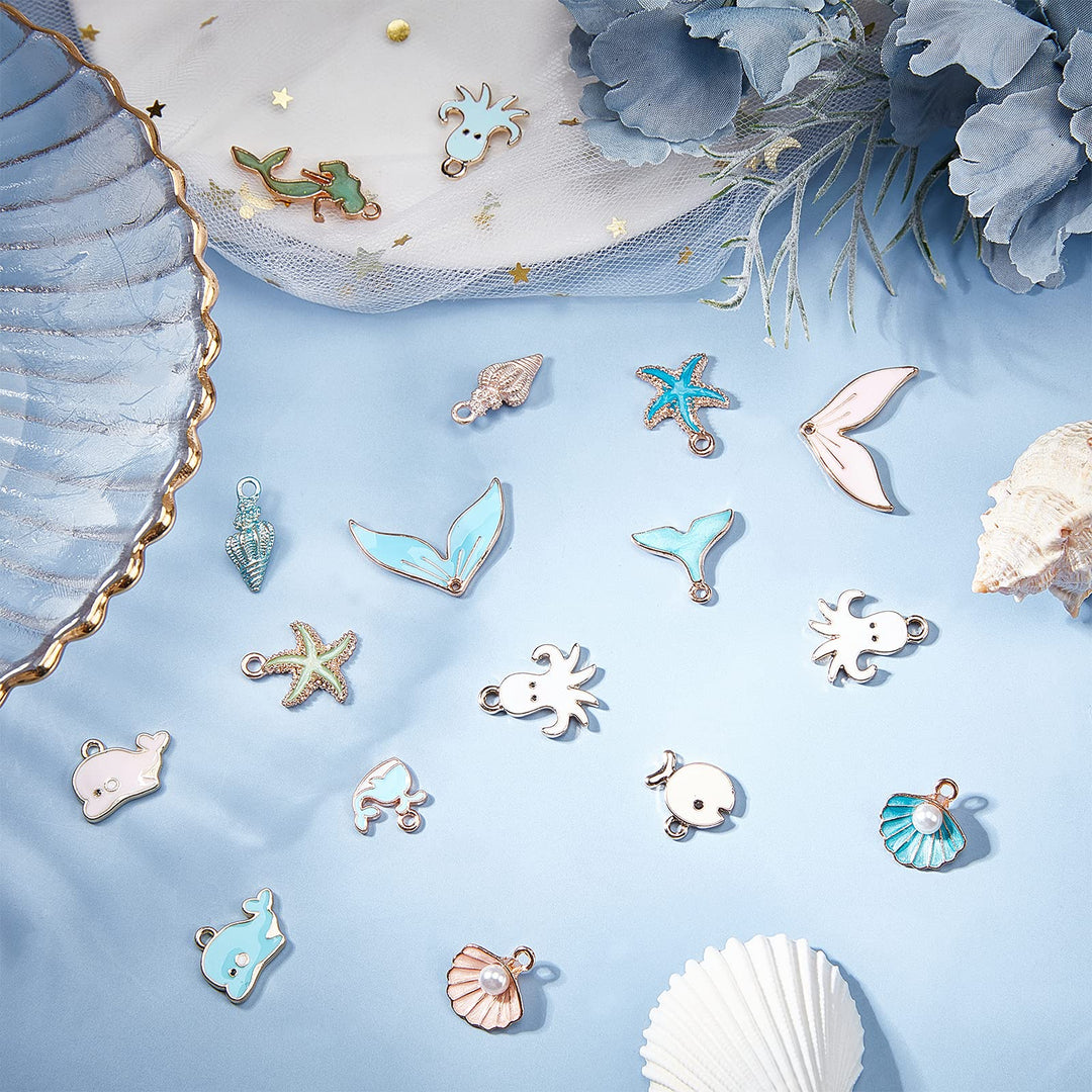 SUNNYCLUE 1 Box 40pcs 10 Styles Ocean Charms Set Mermaid Whale Tail Spiral Shell Sea Stars Octopus Fish Alloy Enamel Charms Pendants for DIY Earrings Necklace Bracelet Making Accessories