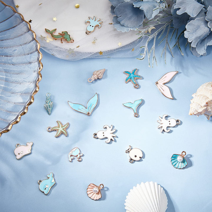 SUNNYCLUE 1 Box 40pcs 10 Styles Ocean Charms Set Mermaid Whale Tail Spiral Shell Sea Stars Octopus Fish Alloy Enamel Charms Pendants for DIY Earrings Necklace Bracelet Making Accessories