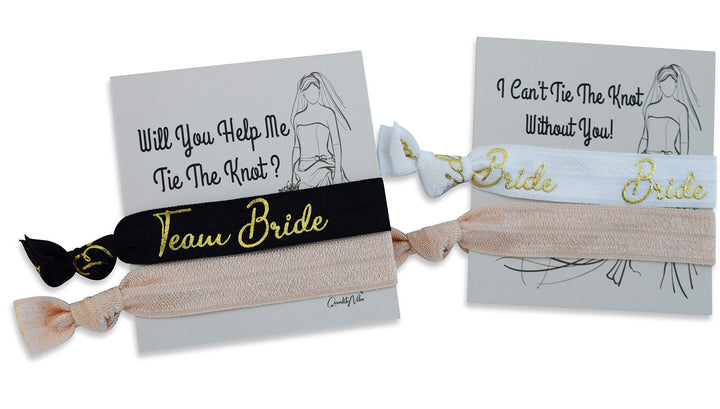 Hair Ties for Bridesmaids Gifts &amp; 2 Sides Proposal Cards to Ask Bridesmaids, Matron &amp; Maid of Honors or Flower Girl | 7 Black &#39;Team Bride&#39; &amp; 1 White &#39;Bride&#39; in Gold Foil Letters &amp; 8 Nude Blank Ties.
