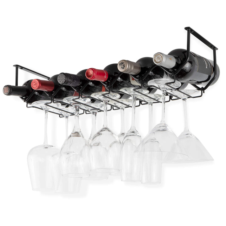 Piccola Under Cabinet Wine Rack &amp; Glasses Holder, Kitchen Organization with 6 Bottle Organizer Metal Black