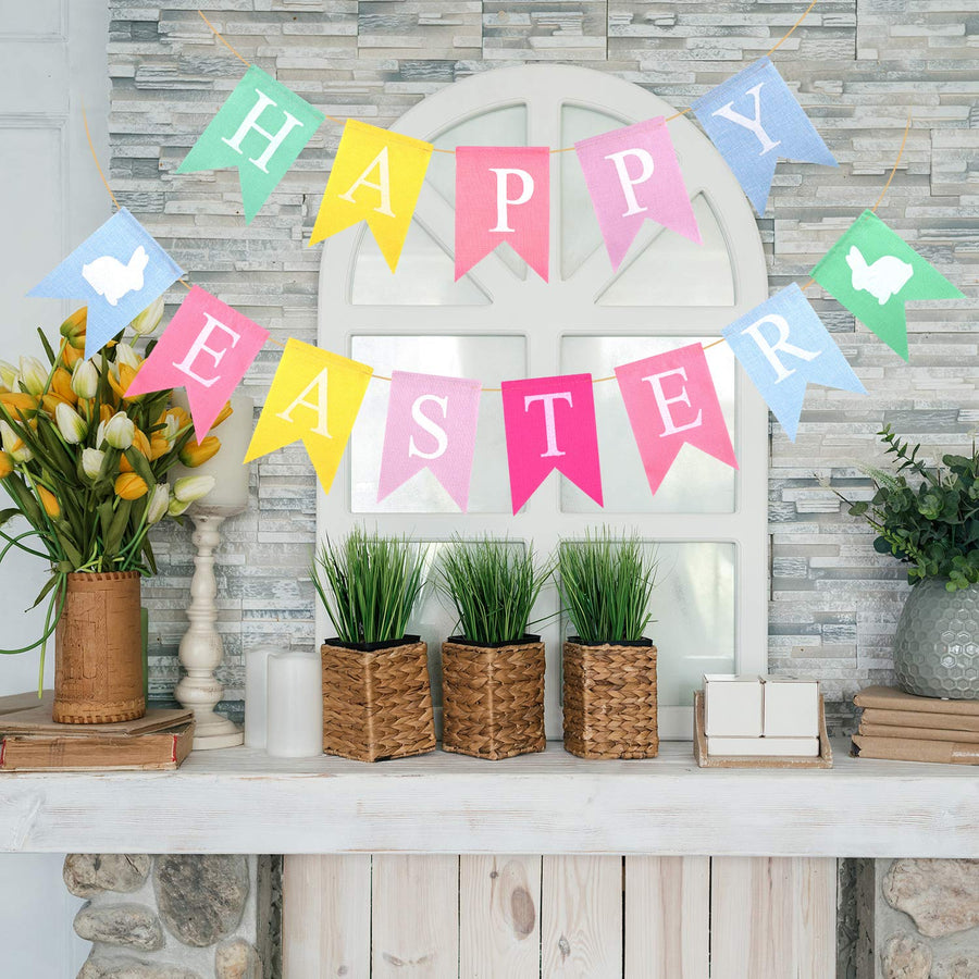 2pcs Easter Banners, 'Happy Easter' Bunting Garland Decorations, Lightweight Hessian Banner, Pennant Shape, 2.5m Length, Ideal for Party, Indoor & Outdoor, Hand Wash Only