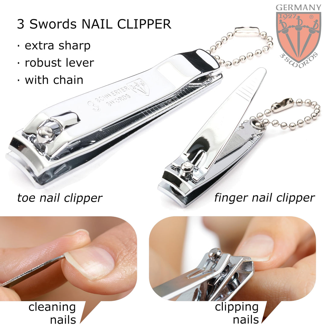 3 Swords Germany – Brand Quality fingernail & toenail Clipper, Manicure, Pedicure Nail Care by with Metal Nail File and case, Silver Color Edition
