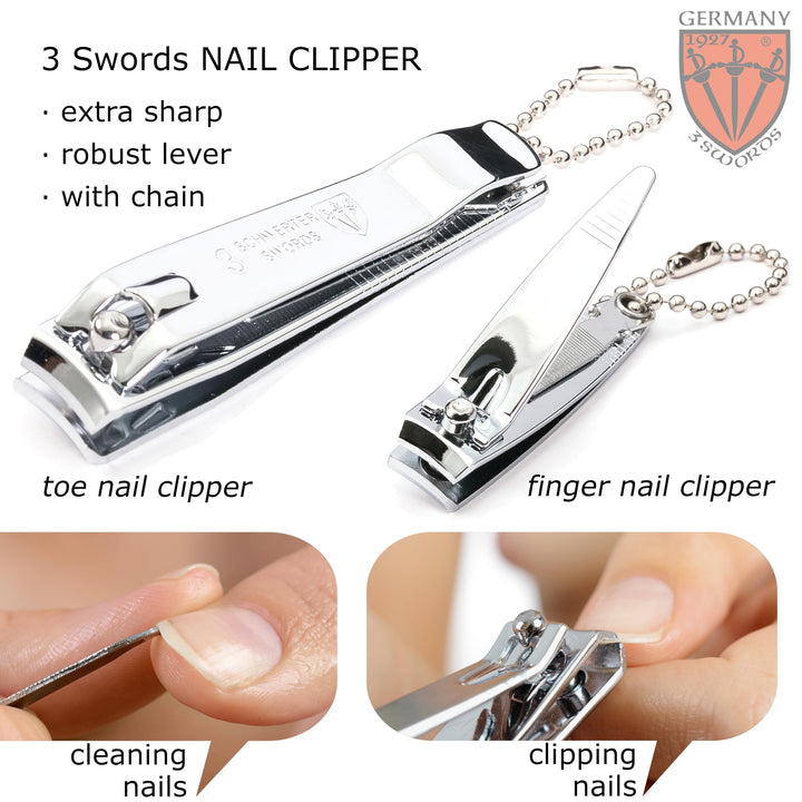 3 Swords Germany – Brand Quality fingernail & toenail Clipper, Manicure, Pedicure Nail Care by with Metal Nail File and case, Silver Color Edition