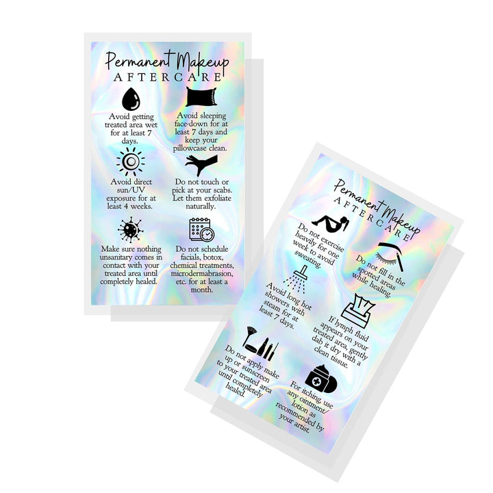 Permanent Makeup Aftercare Instructions Card | 50 Pack | 2x3.5 inches Business Card Size | PMU Non-Reflective Matte Holographic Look Design, rainbow, blue, black