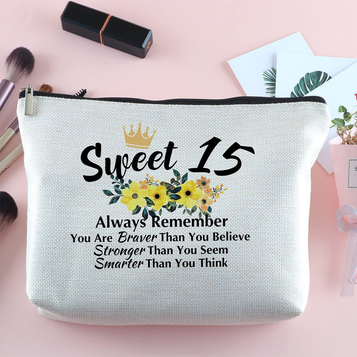 15 Year Old Gifts for Birthday Zipper Makeup Bag Travel Cosmetic Bag Sweet 15 Birthday Gifts for Her 15th Birthday Gifts for Daughter Niece Sister