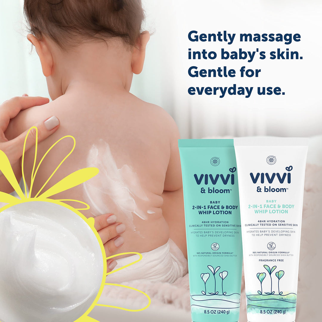 Vivvi &amp; Bloom Gentle 2-in-1 Baby Face &amp; Body Whip Lotion, Hydrates Developing Skin to Help Prevent Dryness, 48-Hour Hydration, Formulated Without Parabens &amp; Dyes, Hypoallergenic, 8.5 oz