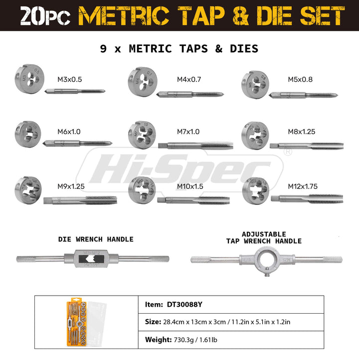 20 Piece Metric Tap &amp; Die Set - Complete M3 to M12 Fine &amp; Coarse Tools to Cut, Chase and Thread with Wrench Accessories in a Tray Case