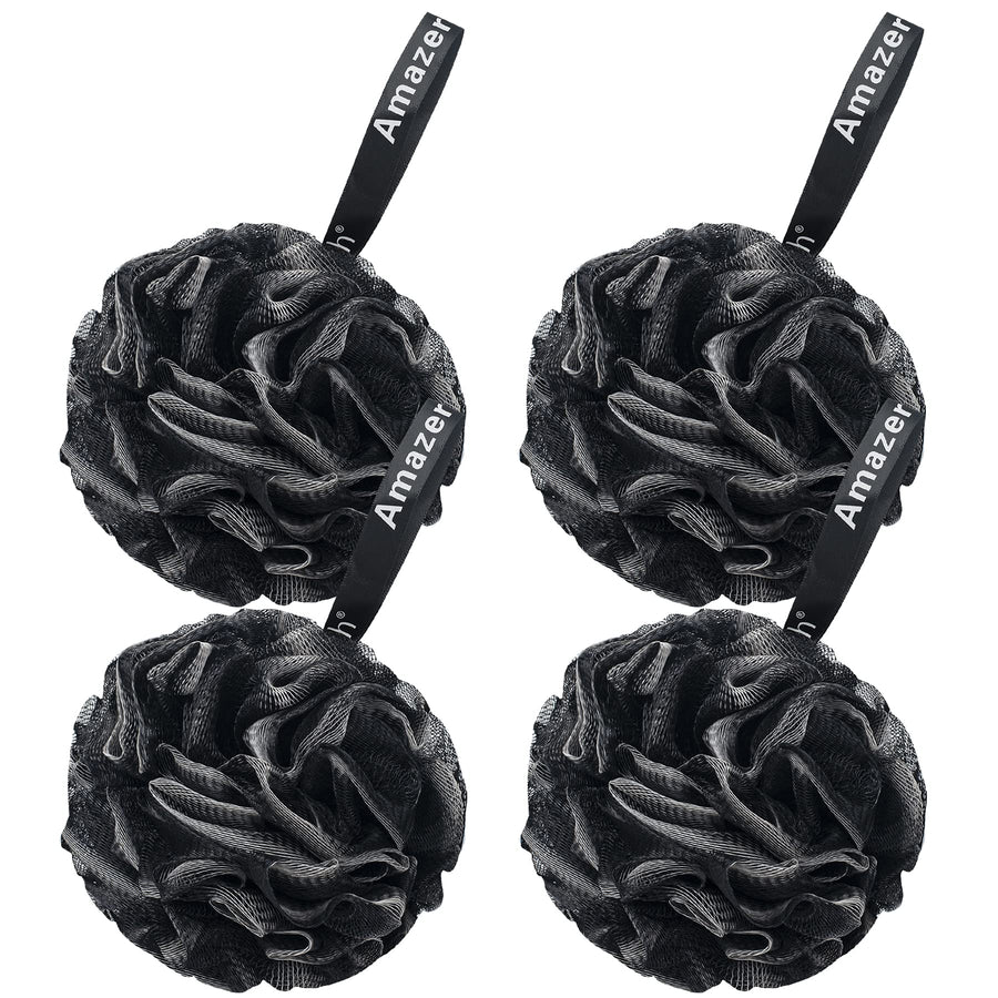 Shower Bath Sponge Shower Loofahs Balls 60g/PCS for Body Wash Bathroom Men and Women- Set of 4, Black