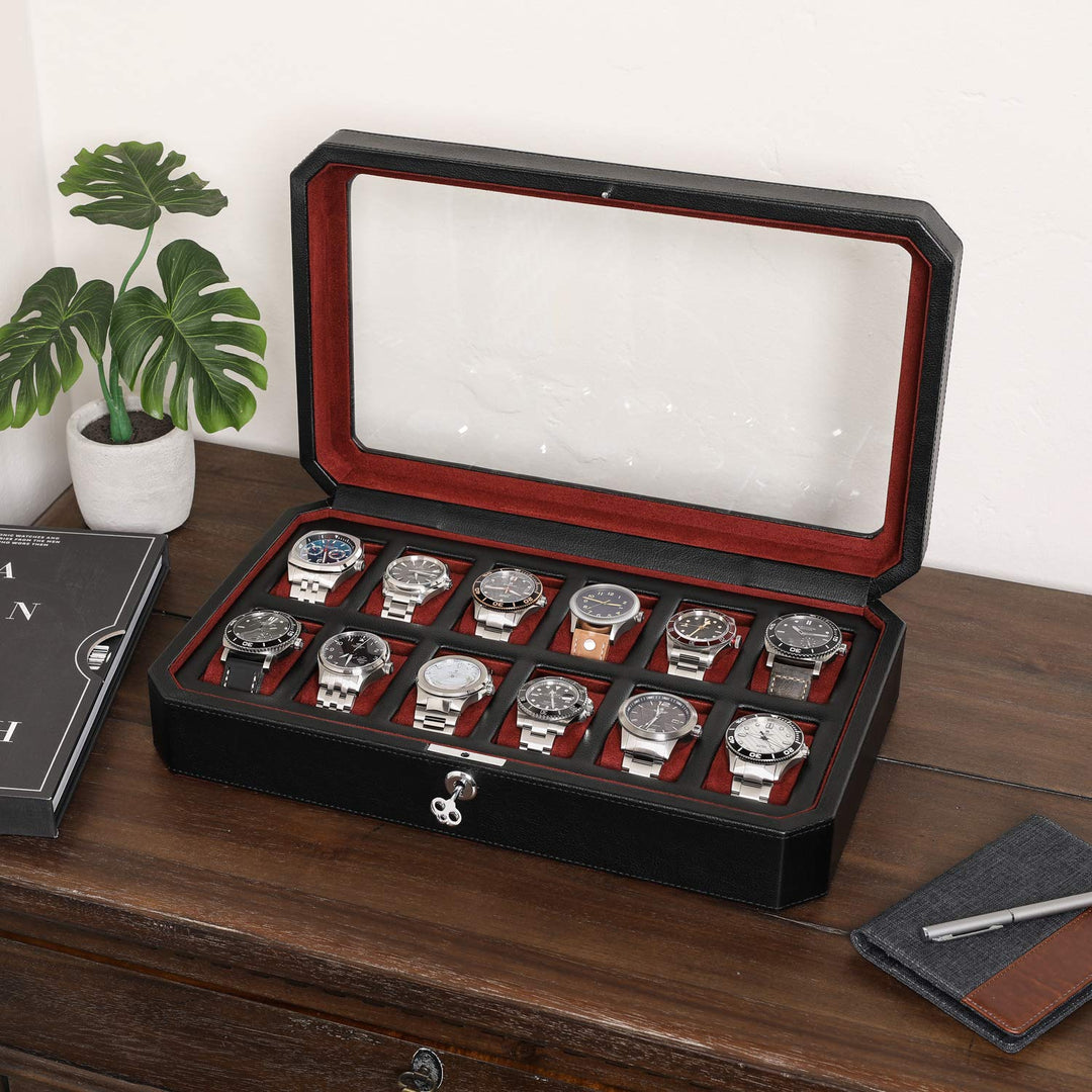 12 Slot Leather Watch Box - Luxury Watch Case Display Organizer, Microsuede Liner, Locking Mens Jewelry Watches Holder, Men&#39;s Storage Boxes Holder Large Glass Top (Black/Red)