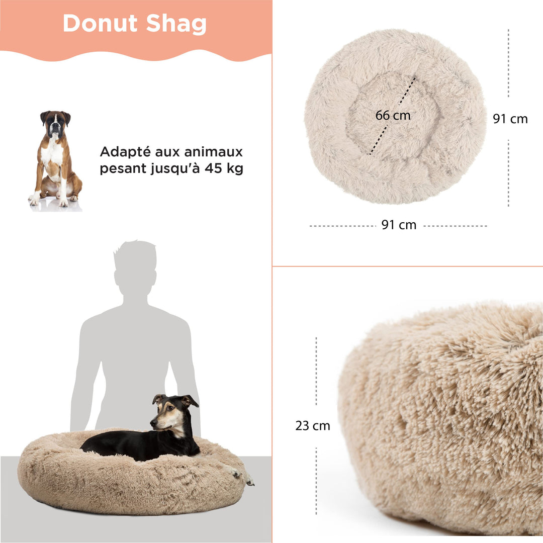 The Original Calming Donut Dog and Cat Bed in Shag Fur, Taupe, Large, 36x36