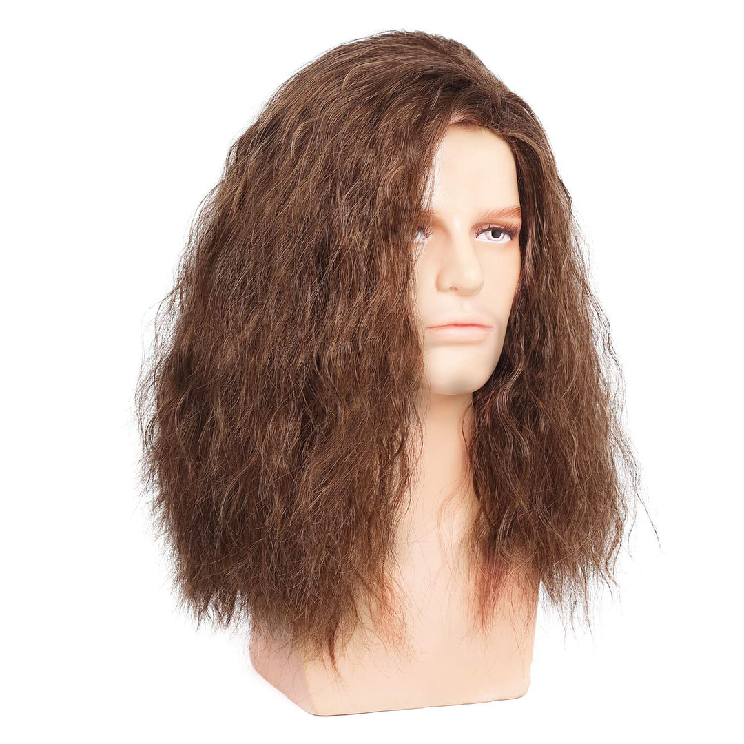 Mens Long Brown Wig Mid Length Synthetic Hair for Male Halloween Cosplay 80s Costume Wig