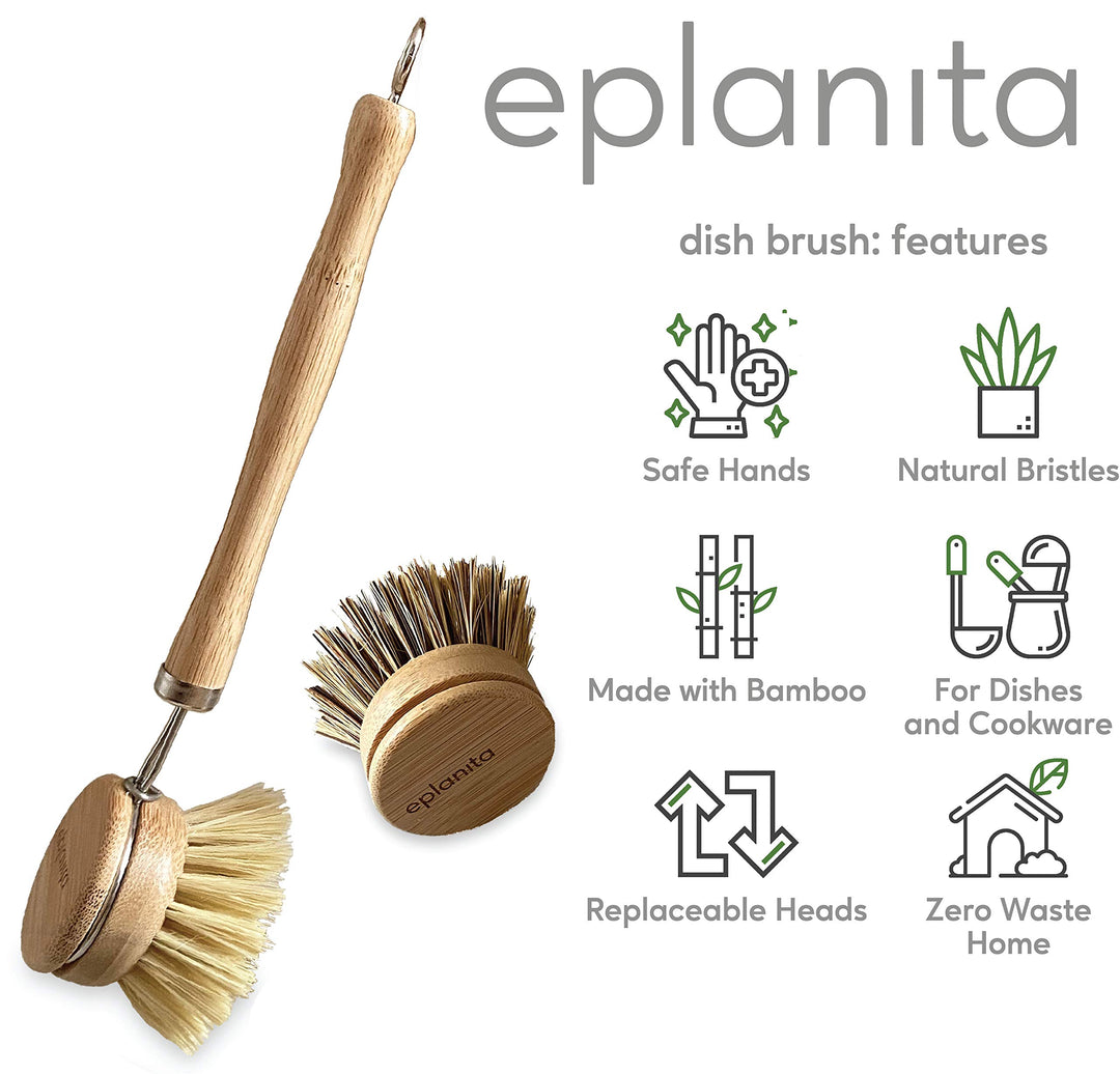 eplanita Natural Dish Brush, 3 Replacement Heads, Kitch