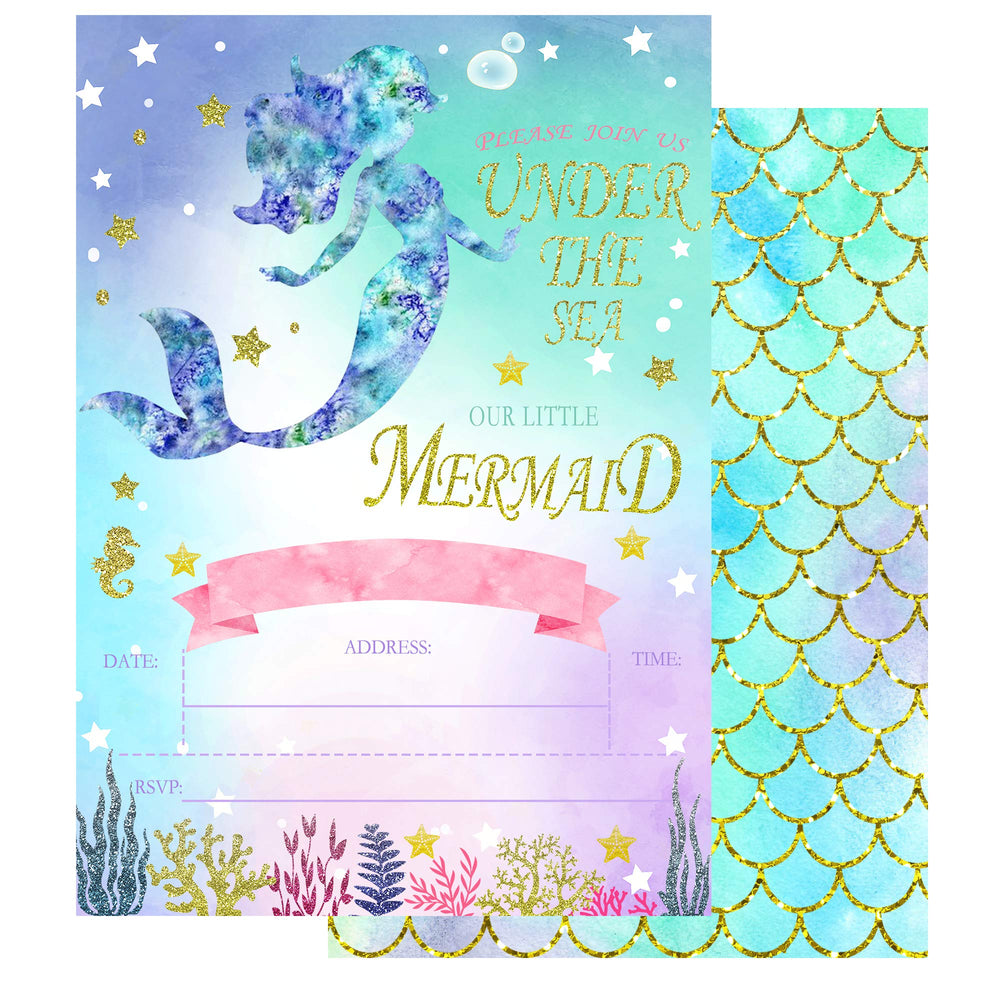 Mermaid Invitations with Envelopes,Magical Glitter Mermaid Party Invitations,20 Fill in Mermaid Birthday Invitation Under The Sea Invitations