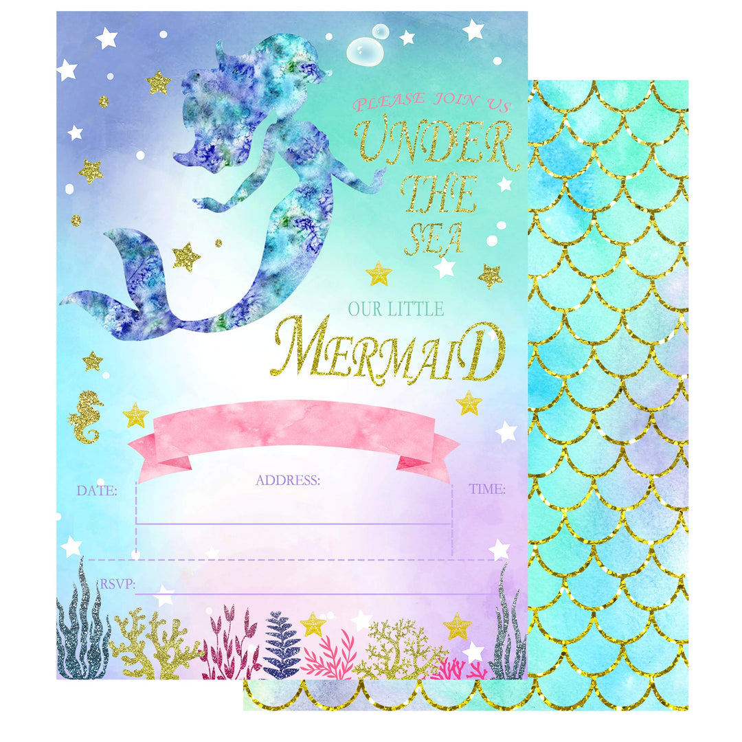 Mermaid Invitations with Envelopes,Magical Glitter Mermaid Party Invitations,20 Fill in Mermaid Birthday Invitation Under The Sea Invitations