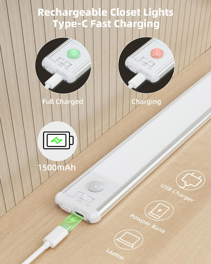 Under Cabinet Lights Motion Sensor: 66-Led Closet Light Wireless Magnetic Counter for Kitchen 1000mAh USB Rechargeable Led Wardrobe Stairs Hallway Indoor 9.0 inch 2Pcs