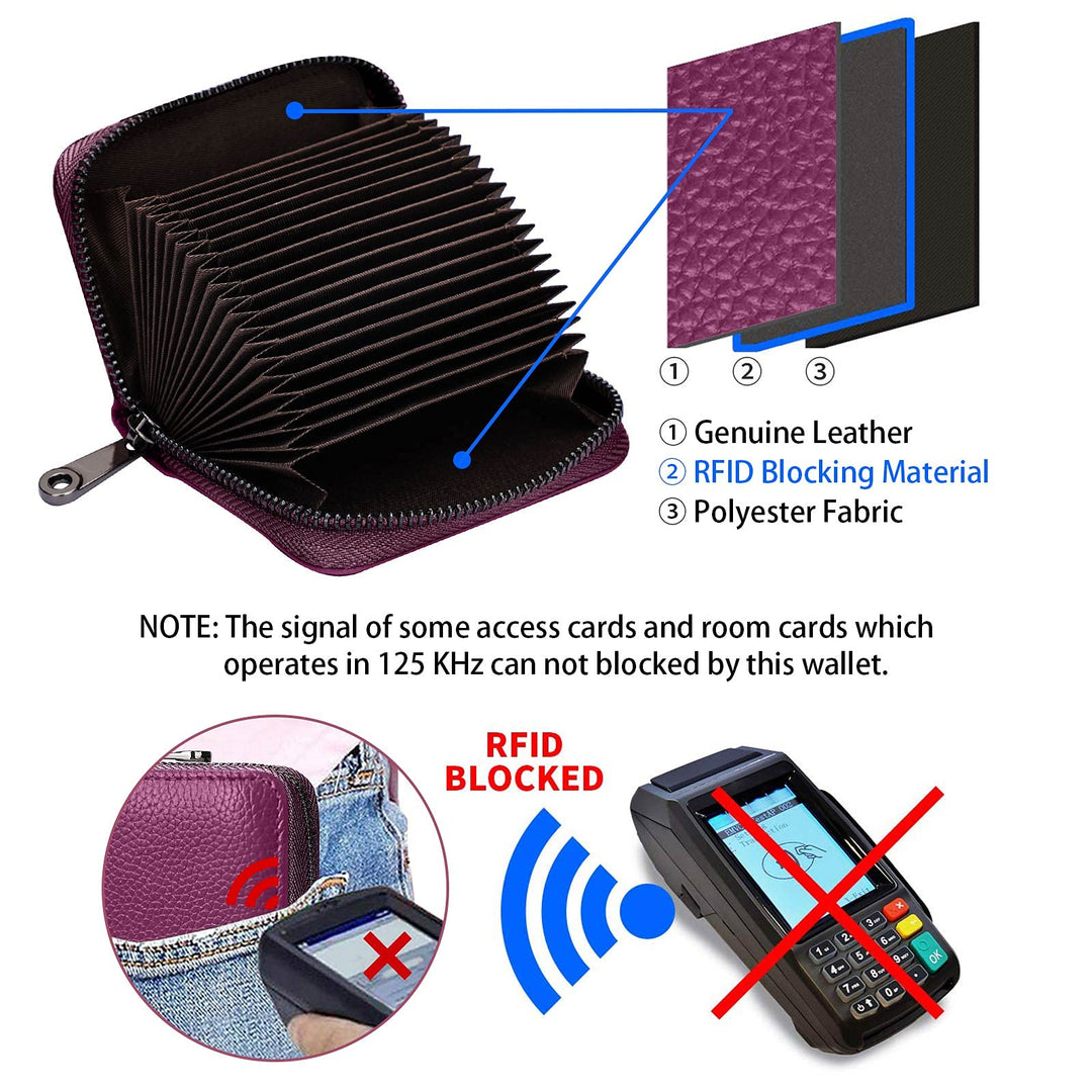 RFID 20 Card Slots Credit Card Holder Genuine Leather Small Card Case for Women or Men Accordion Wallet with Zipper