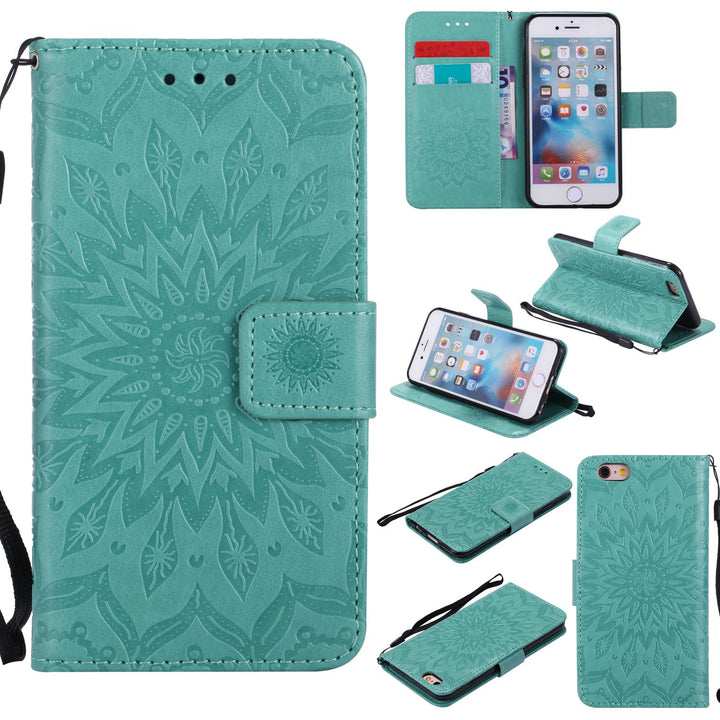 For iPhone 6 / 6S Wallet Case [NOT FOR iphone 6 plus], Sun Pattern Embossed PU Leather Magnetic Flip Cover Card Holders &amp; Hand Strap Wallet Purse Case for iPhone 6 / 6S [4.7 Inch] - Green