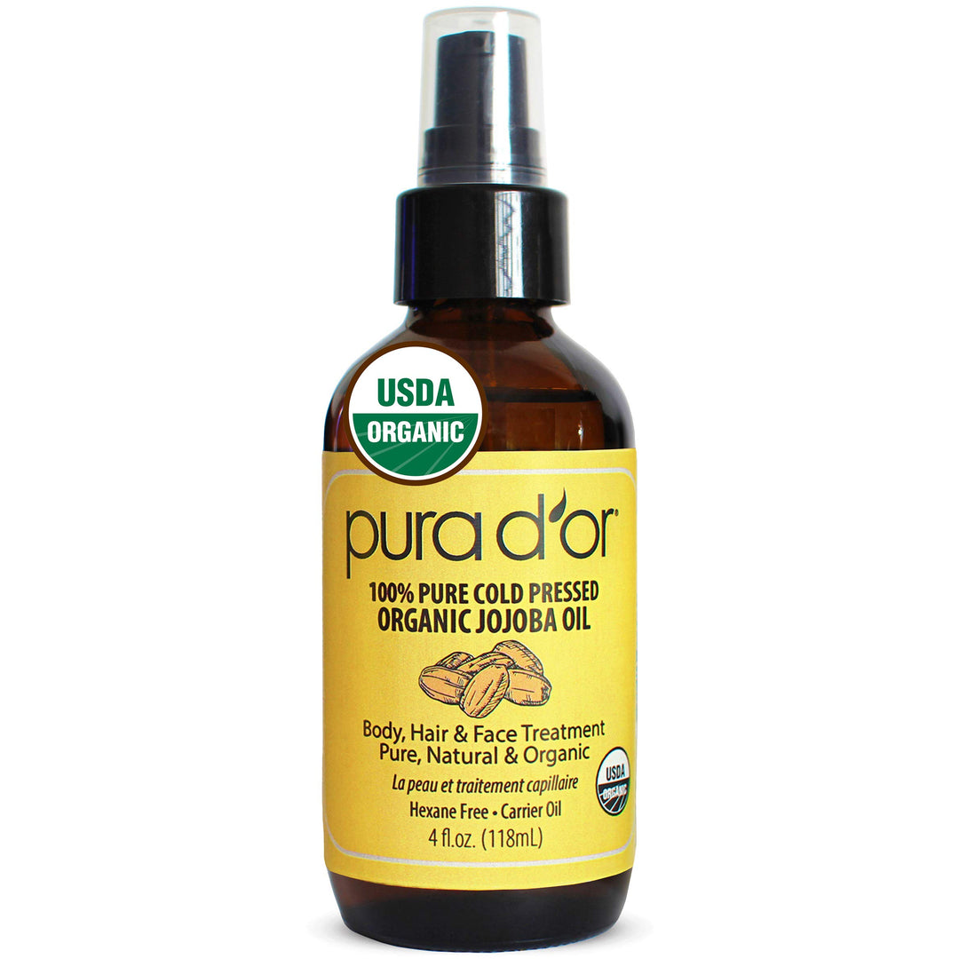 PURA D&#39;OR Organic Jojoba Oil (4oz / 118mL) 100% Pure USDA Certified Premium Grade Natural Moisturizer: Cold Pressed,Unrefined,Hexane-Free Base Carrier for DIY Skin Care,Hair,Face &amp; Nails