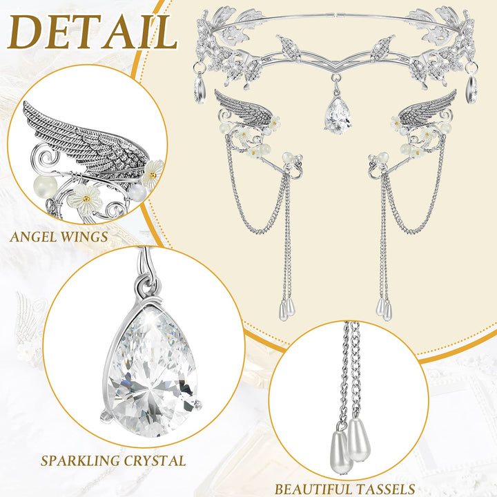 3 Pcs Halloween Rhinestone Leaf Headband Metal Elf Ears Fairy Costume Crown Princess Cosplay for Women(Silver)