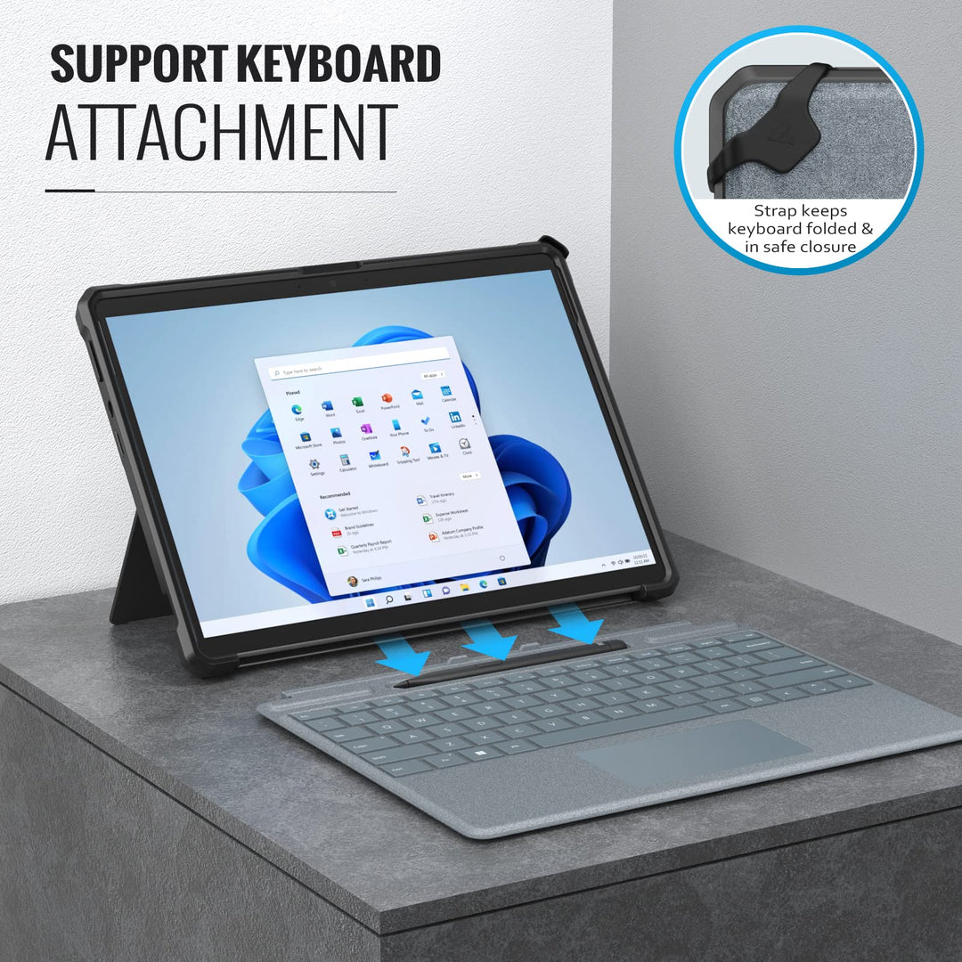 Case Fits Microsoft Surface Pro 8 13 Touchscreen 2021 Release Tablet, All-in-One Protective Rugged Cover Case with Hand Strap, Compatible with Type Cover Keyboard, Black