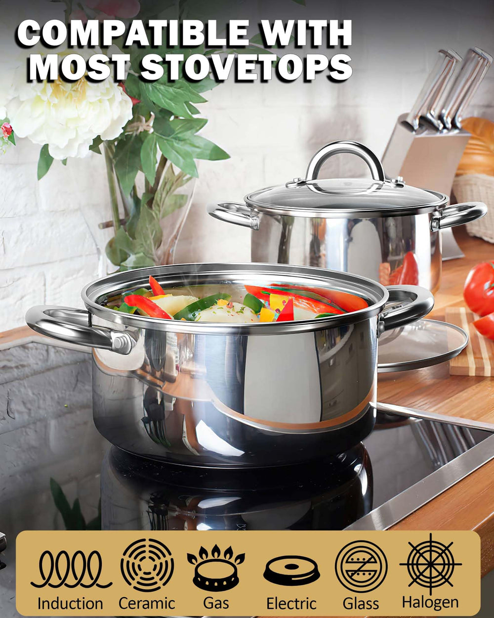 Kitchen Cookware Sets, 12-Piece Basic Stainless Steel Pots and Pans, Silver