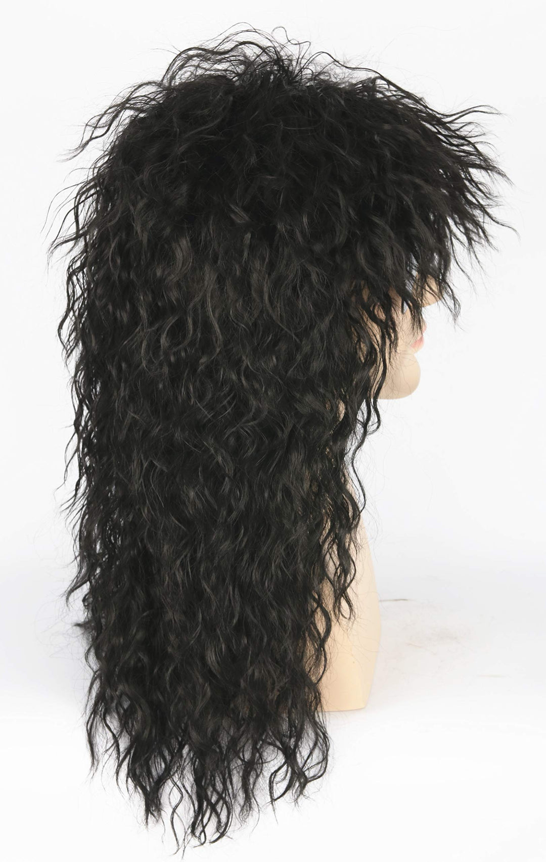 Men’s 80s Wig Black Mullet Wigs Halloween Costume Male Wig Punk Heavy Metal Rocker Wig Curly Long