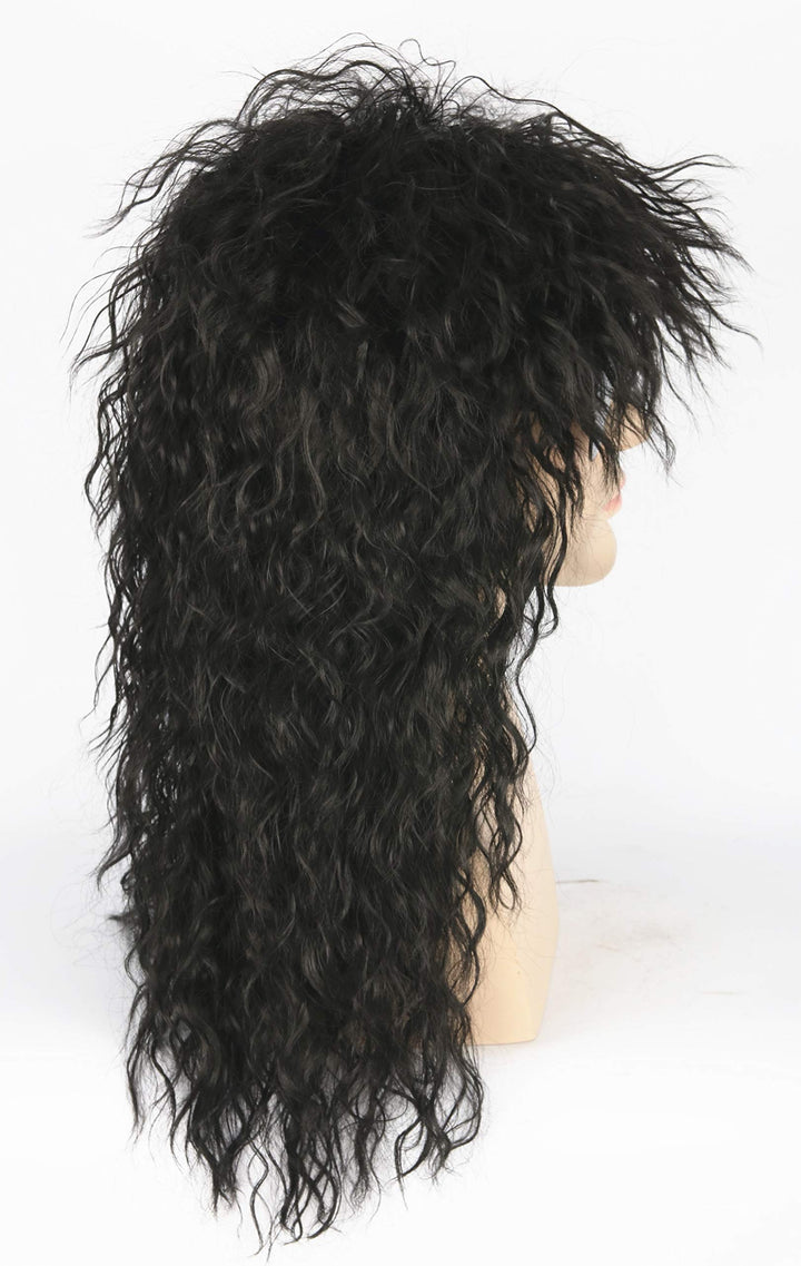 Men’s 80s Wig Black Mullet Wigs Halloween Costume Male Wig Punk Heavy Metal Rocker Wig Curly Long