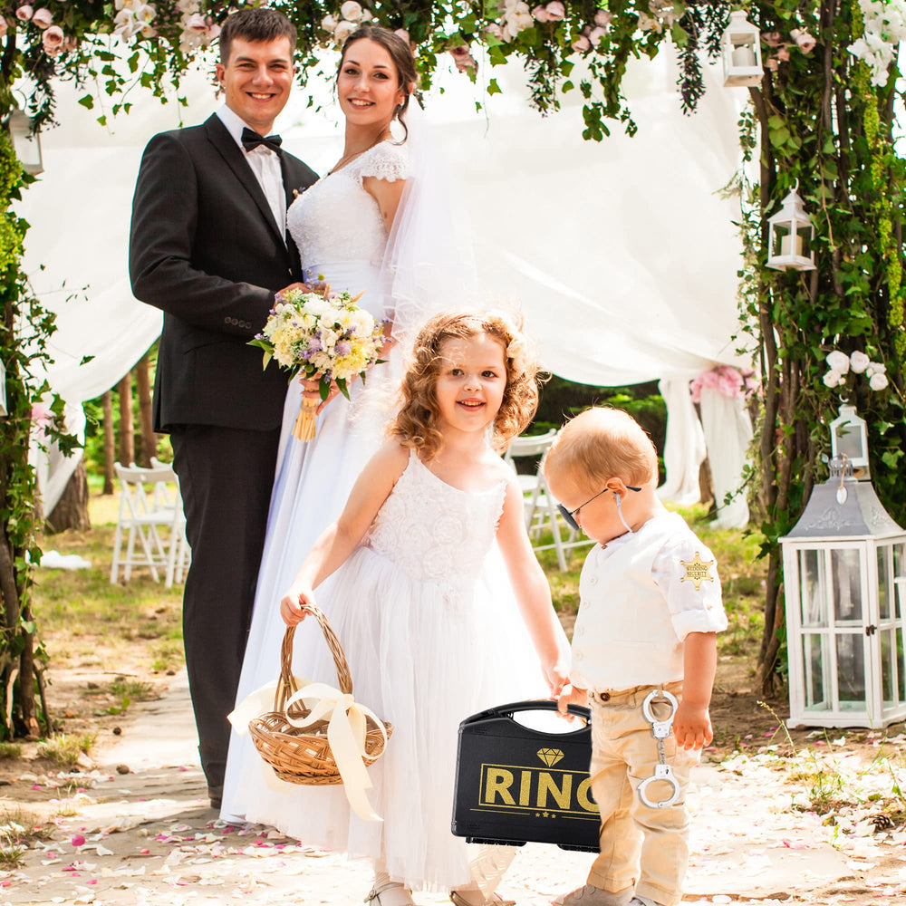 Ring Wedding Bearer Security:Ring Wedding Security Set Ring Box Bearer + Sun Glasses + EarPiece Cosplay + Ring Badge Bearer Toy Ring Bearer Gifts Box Outfit (Gold Classic Style)