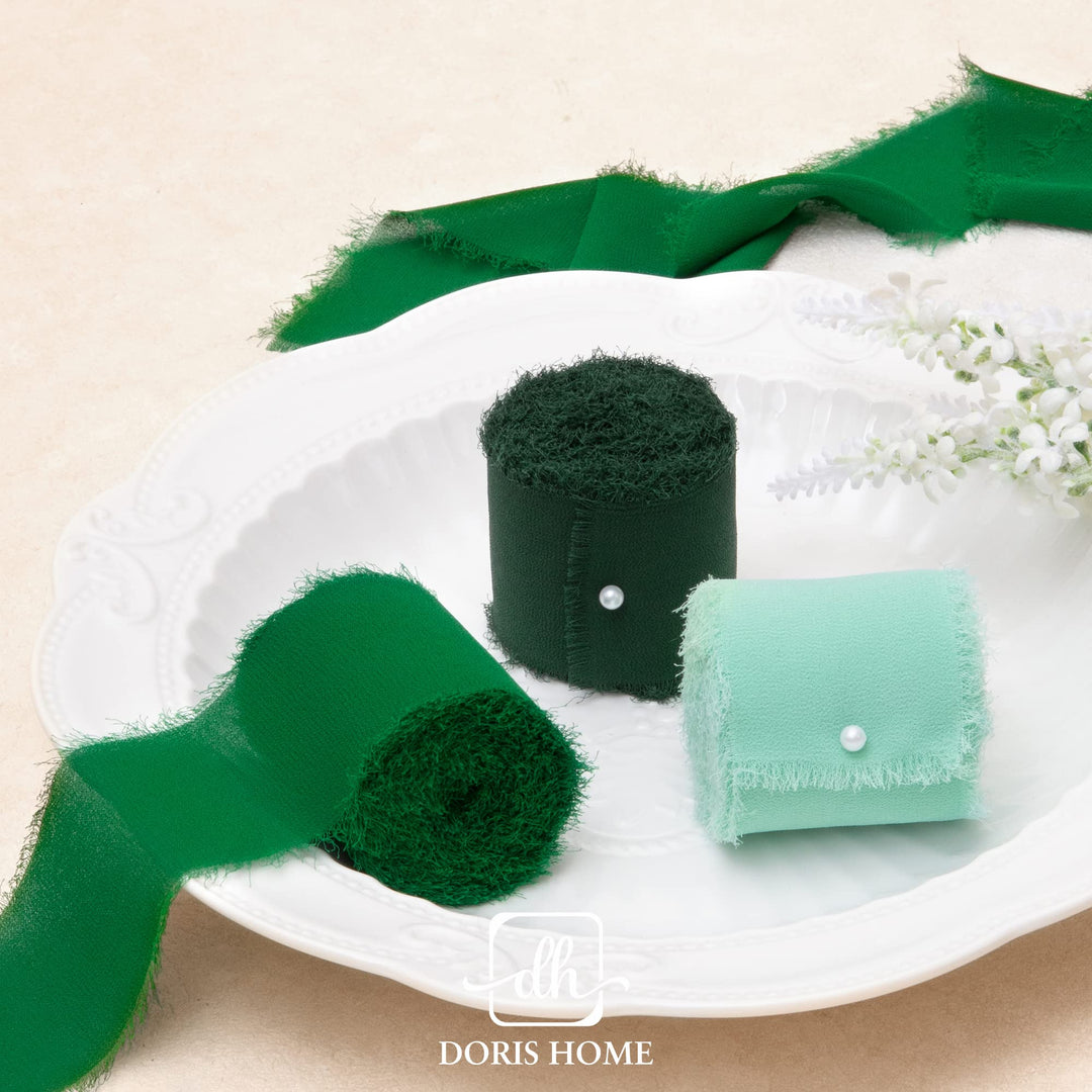 Doris Home Handmade Fringe Fabric Chiffon Silk-Like Ribbon 2 x 7Yd Set of 3 Rolls Ribbons for Wedding Invitations, Bouquets, Gift Wrapping (Dark Green/Forest Green/Mint Green)