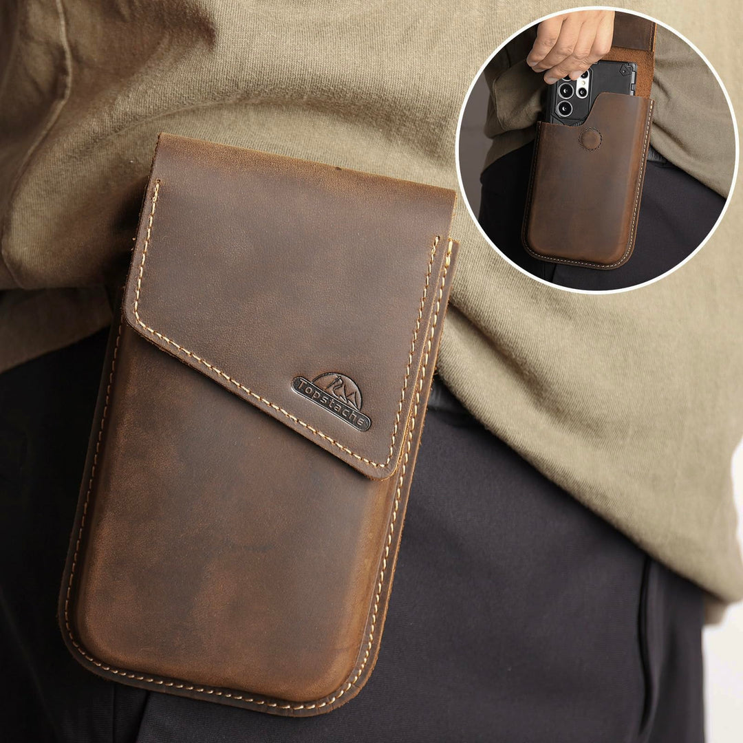 Topstache Leather Phone Holster,Samsung S22 Ultra Belt Holder, iPhone 13 Pro Max Case for Belt,Universal Phone Pouch with Belt Clip,Leather Phone Holster for Otterbox Case, Flip Cellphone Cases