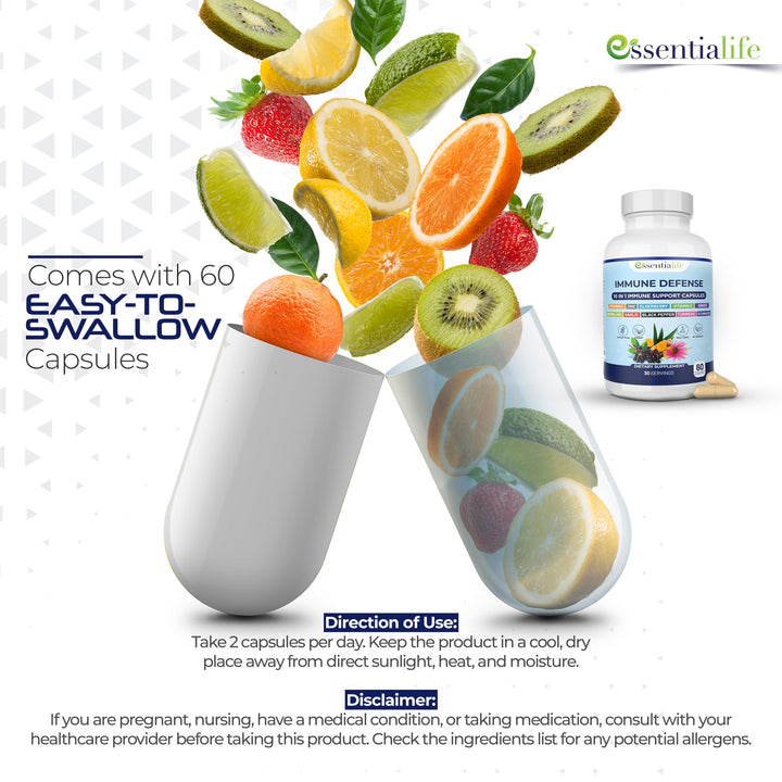 Immune Support Supplement 10 in 1 Elderberry, Echinacea, Vitamin D, Vitamin C 1000mg &amp; Zinc Supplement - Take Charge of Your Health with Immune Booster for Adults - 60 Vitamins Capsules