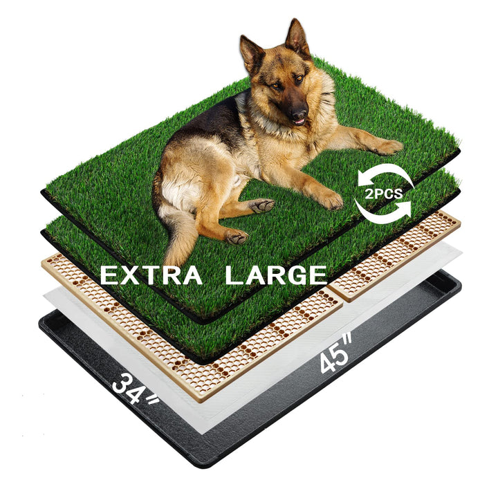 Dog Grass Pee Pads for Dogs with Tray | Extra Large 45×34 in | 2× Dog Artificial Grass Pads Replacement| Rapid Drainage | 2 Training Pads | Indoor Dog Litter Box