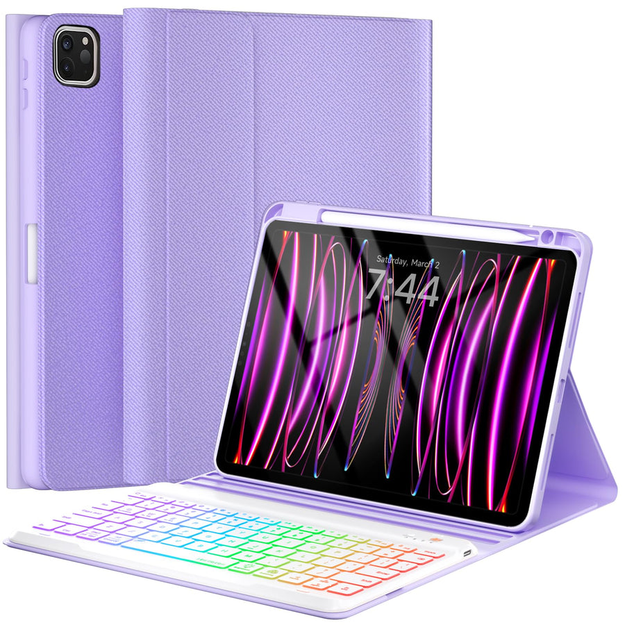 Keyboard Case for iPad Air 11 inch (M2 2024)/10.9 inch Air 5th/4th Gen/iPad Pro 11 1st/2nd/3rd Gen - 7-Color Backlit Detachable Keyboard, Folio Cover with Pencil Holder - Purple