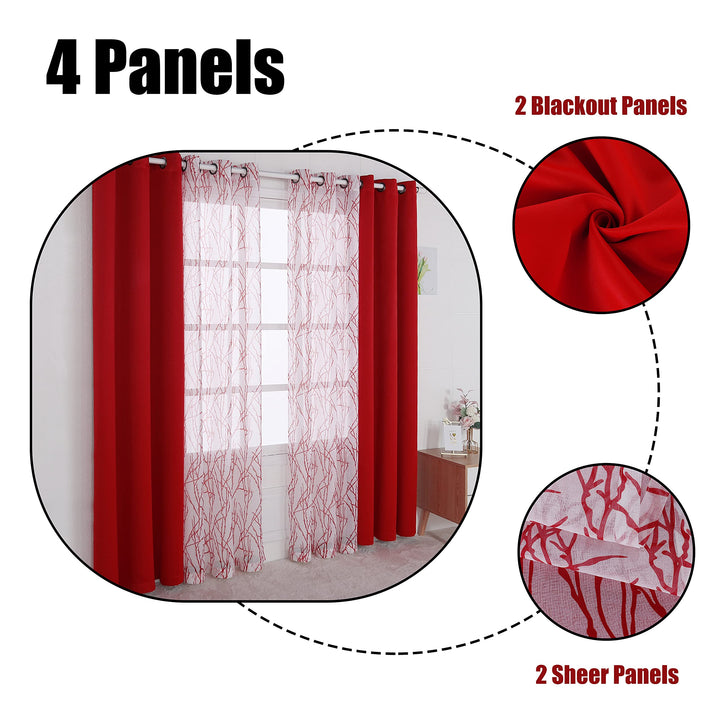 Mix and Match Curtains - 2 Pieces Branch Print Sheer Curtains and 2 Pieces Blackout Curtains for Bedroom Living Room Grommet Window Drapes, 37x63 Inch/Panel, Red, Set of 4 Panels