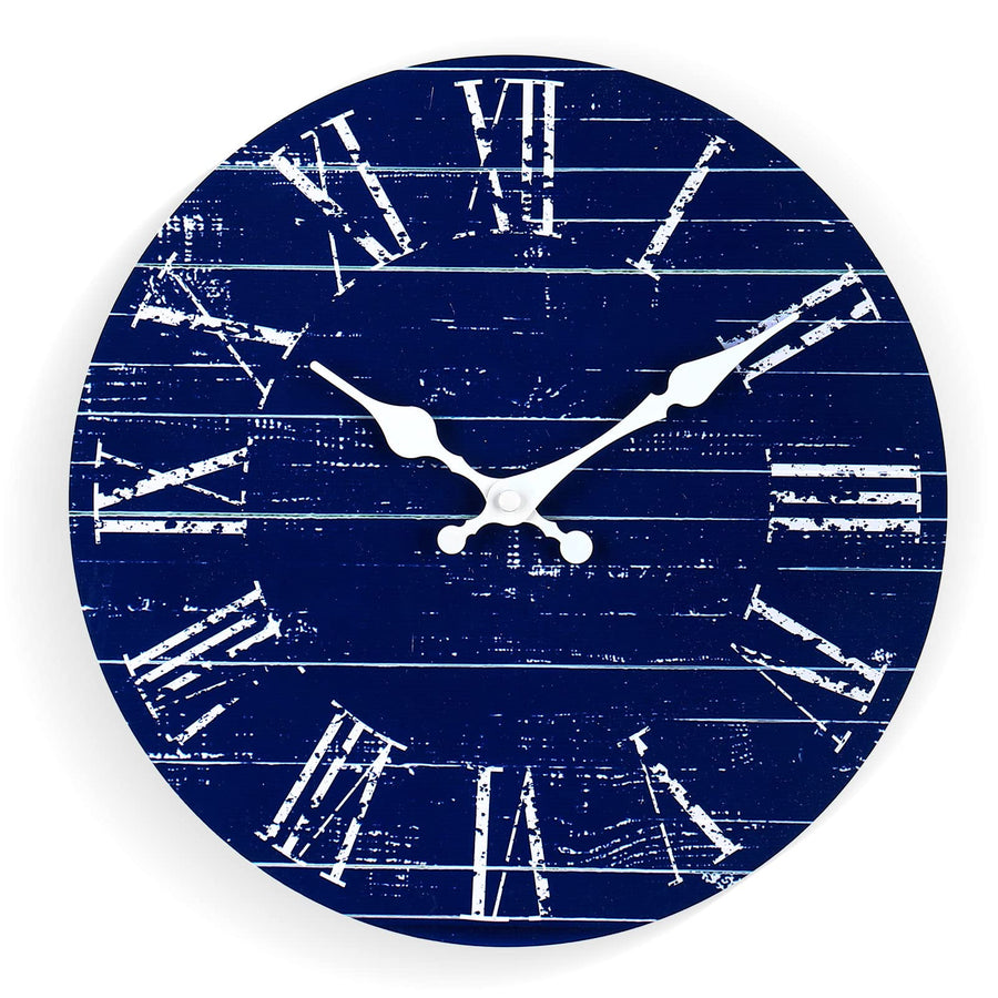 Old Fashioned 12 Inch Round Wood Hanging Wall Clock Vintage Round Rustic Coastal Wall Clocks Decorative ,Battery Operated (Navy)