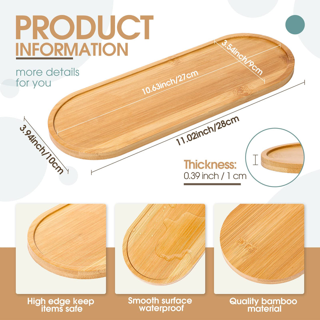 Bamboo Tea Serving Tray 3 Pcs Decorative Multi Use Bathroom Counter Tray Rounded Edges Bamboo Vanity Tray for Dresser Counter Food Coffee Tea Snack Tissues Candles, 11 x 4 Inch