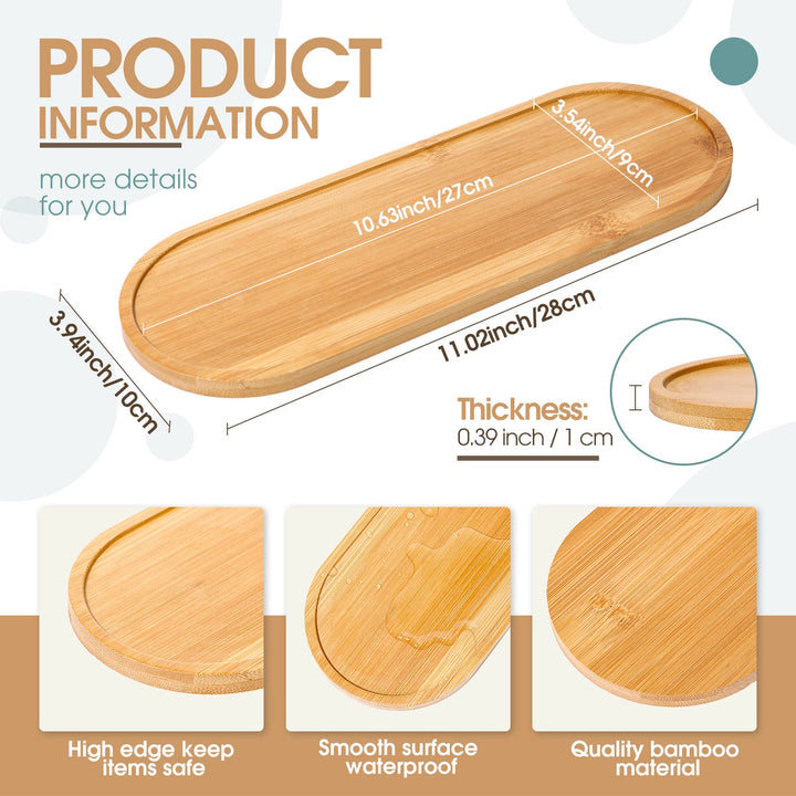 Bamboo Tea Serving Tray 3 Pcs Decorative Multi Use Bathroom Counter Tray Rounded Edges Bamboo Vanity Tray for Dresser Counter Food Coffee Tea Snack Tissues Candles, 11 x 4 Inch