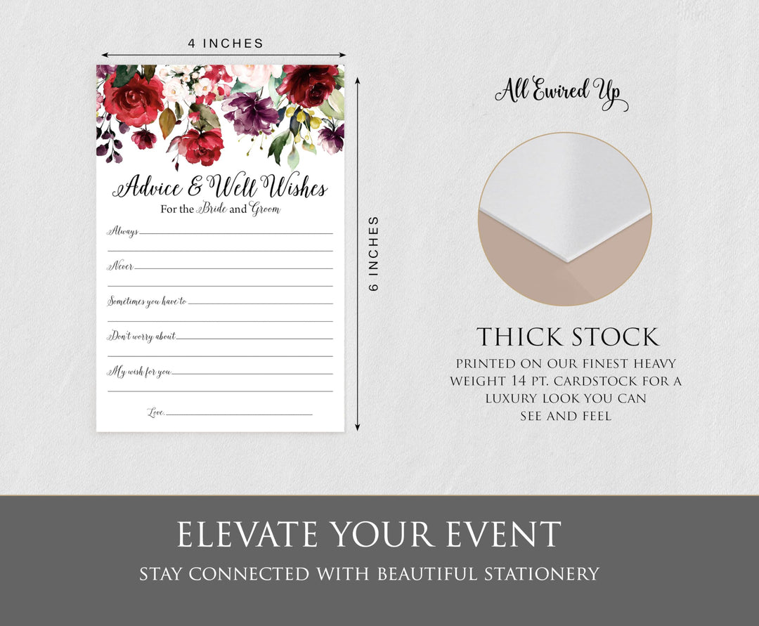 50 Burgundy Watercolor Floral Wishes for The Bride and Groom - (50-Cards) Wedding Advice and Well Wishes Guest Book Alternative Rustic Vintage