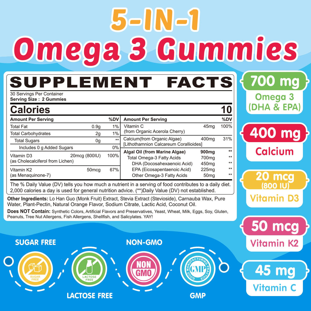 Kids Omega 3 Gummies with Calcium, Vitamin D3 & K2, C, Omega-3 DHA Gummies for Focus and Memory, Bone Health & Immune Support, Kids Omega3 Supplement - No Fish Taste, Non-GMO, Chewable, 2 Pack