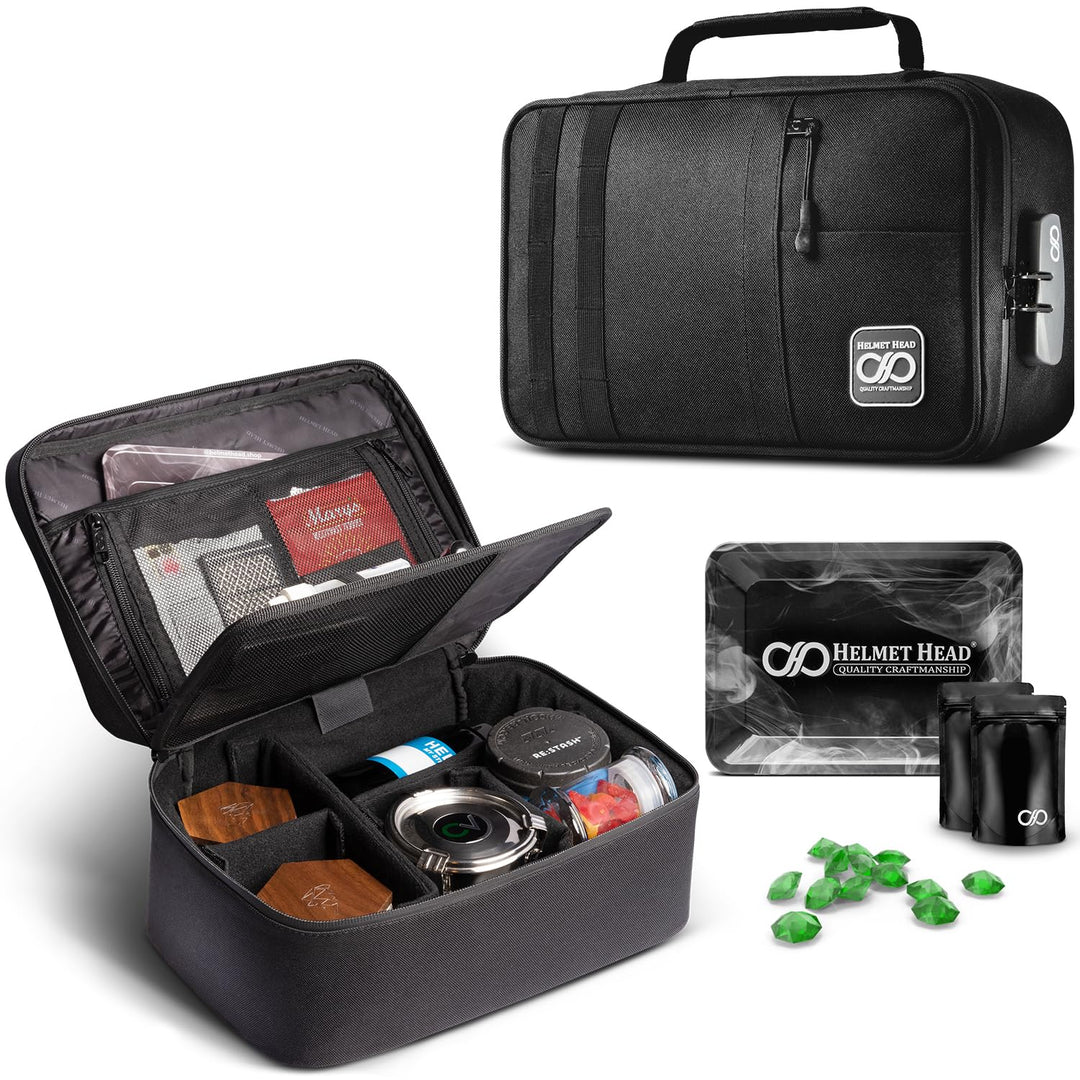 HELMET HEAD Smell Proof Bag and Stash Box, XL Smell Proof Box with Combo Lock for Your Mylar Bags and Smell Proof Containers. Includes Smell Proof Bags and Metal Tray (Black)