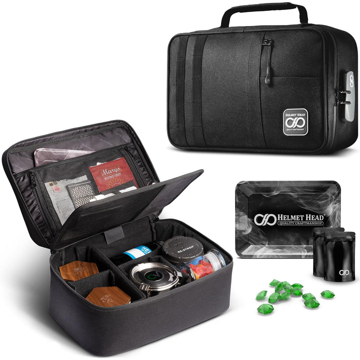 HELMET HEAD Smell Proof Bag and Stash Box, XL Smell Proof Box with Combo Lock for Your Mylar Bags and Smell Proof Containers. Includes Smell Proof Bags and Metal Tray (Black)
